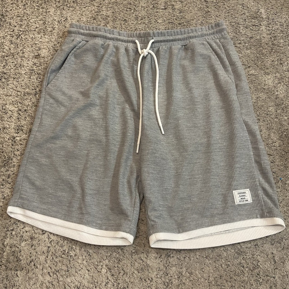 COOFANDY Mens Large Gray Classic Wear Shorts Cotton Drawstring 9 inch Waffle